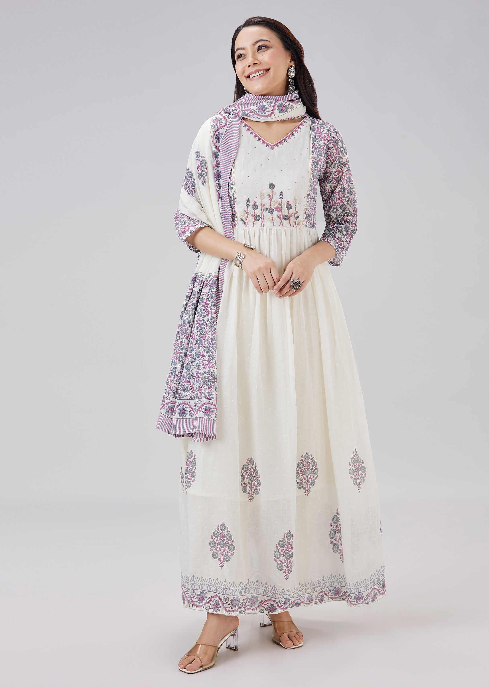 anarkali cotton dress with dupatta White Printed Mulmul Cotton Anarkali Set With Dupatta