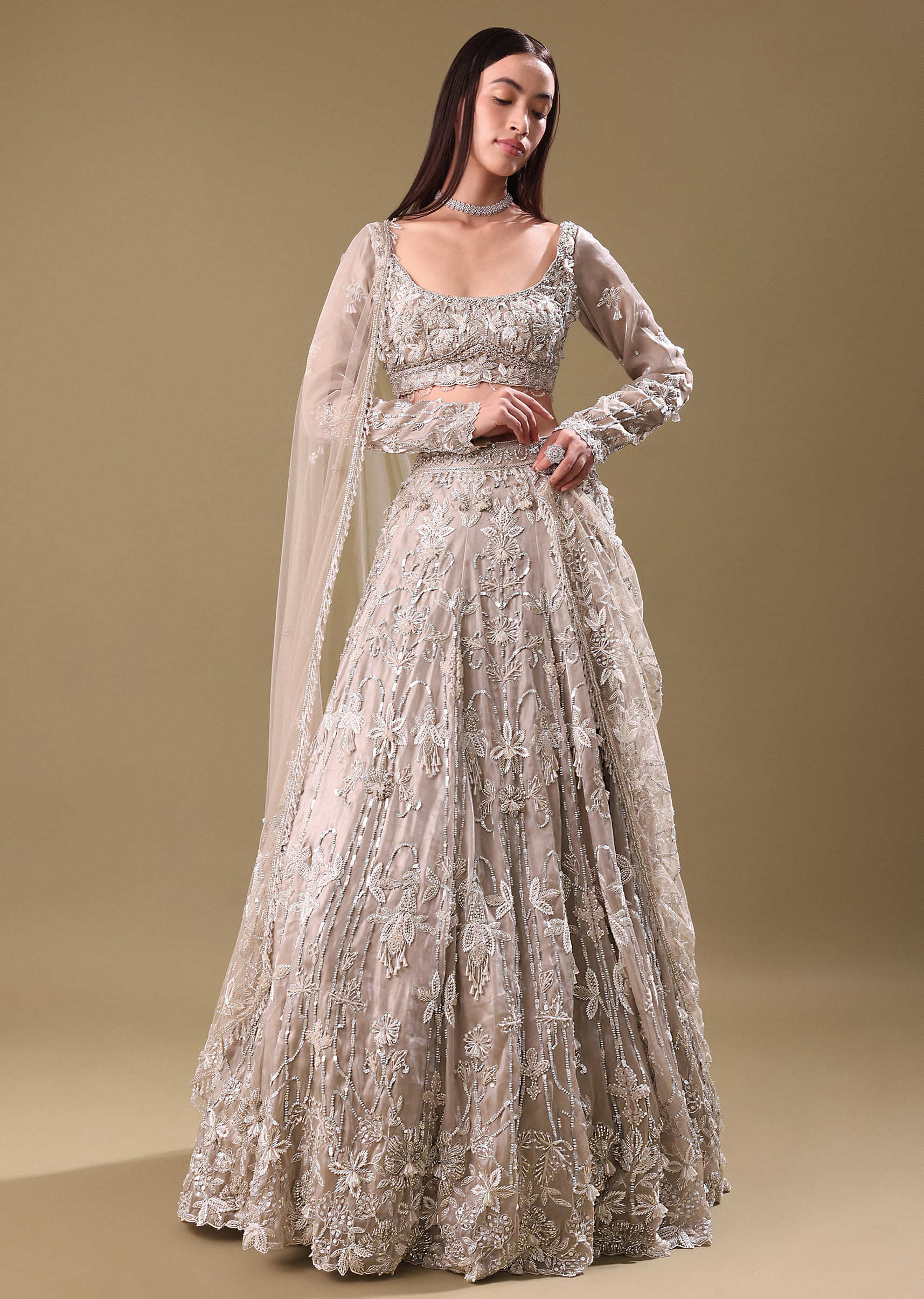 long sleeve lehenga dress Nesavaali lehenga embroidered long sleeve crop top and maxi skirt set in  gold