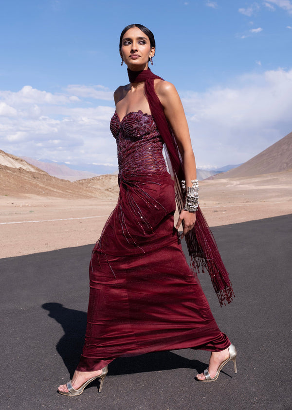 Wine Satin Sequined Bridal Gown