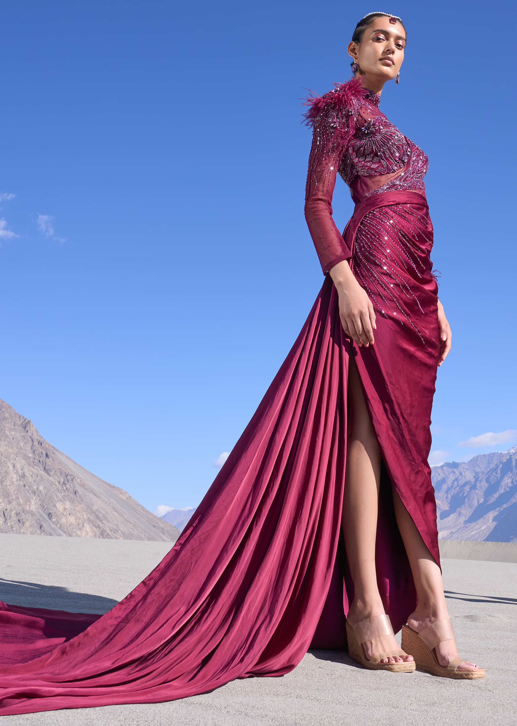 Shop Wine Satin Embroidered High-Slit Draped Gown with Side Trail| KALKI Fashion USA Shop Wine Satin Embroidered High-Slit Draped Gown with Side Trail| KALKI Fashion USA