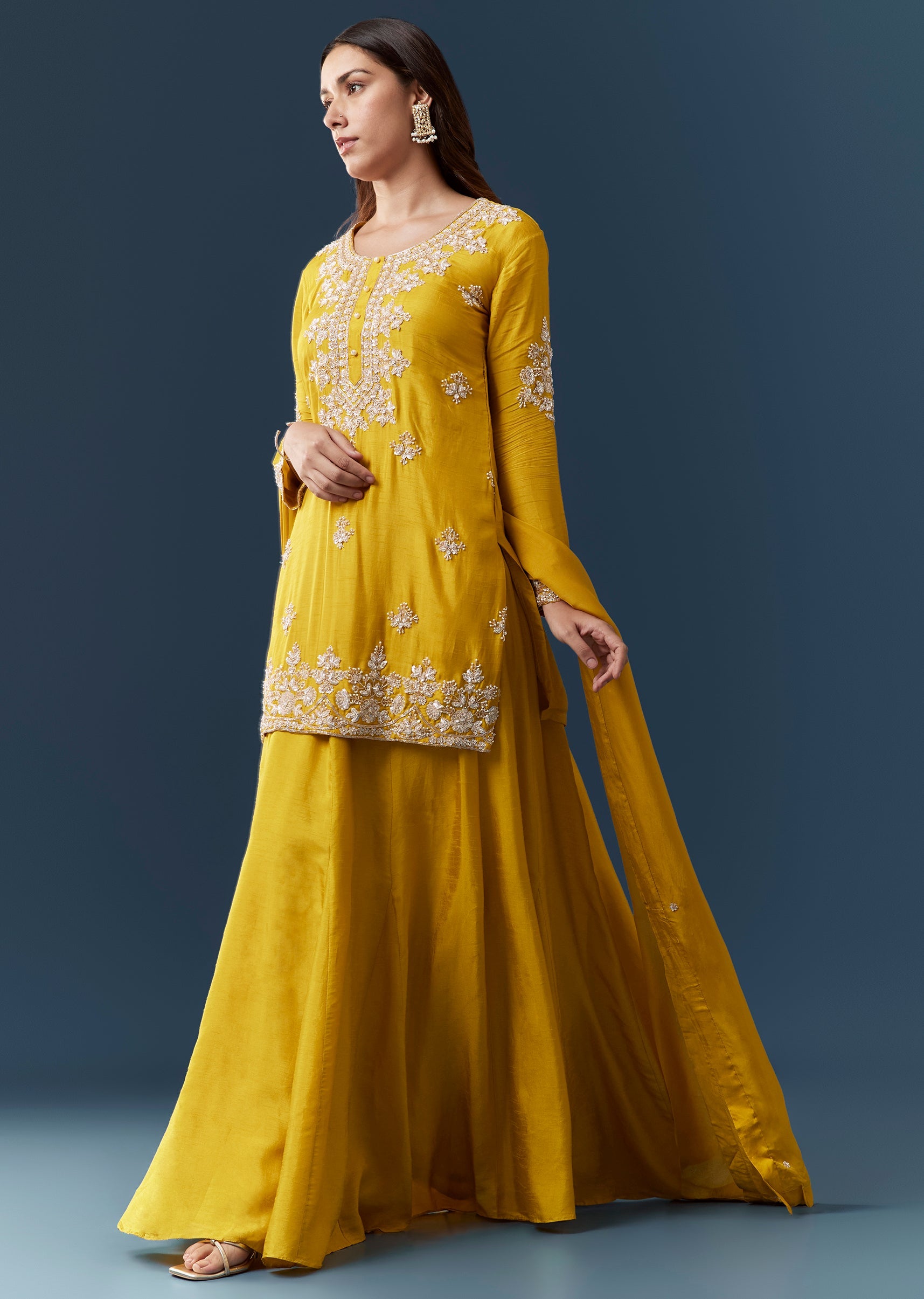 cut dana work dress Yellow Cutdana Work Kurta and Skirt Set