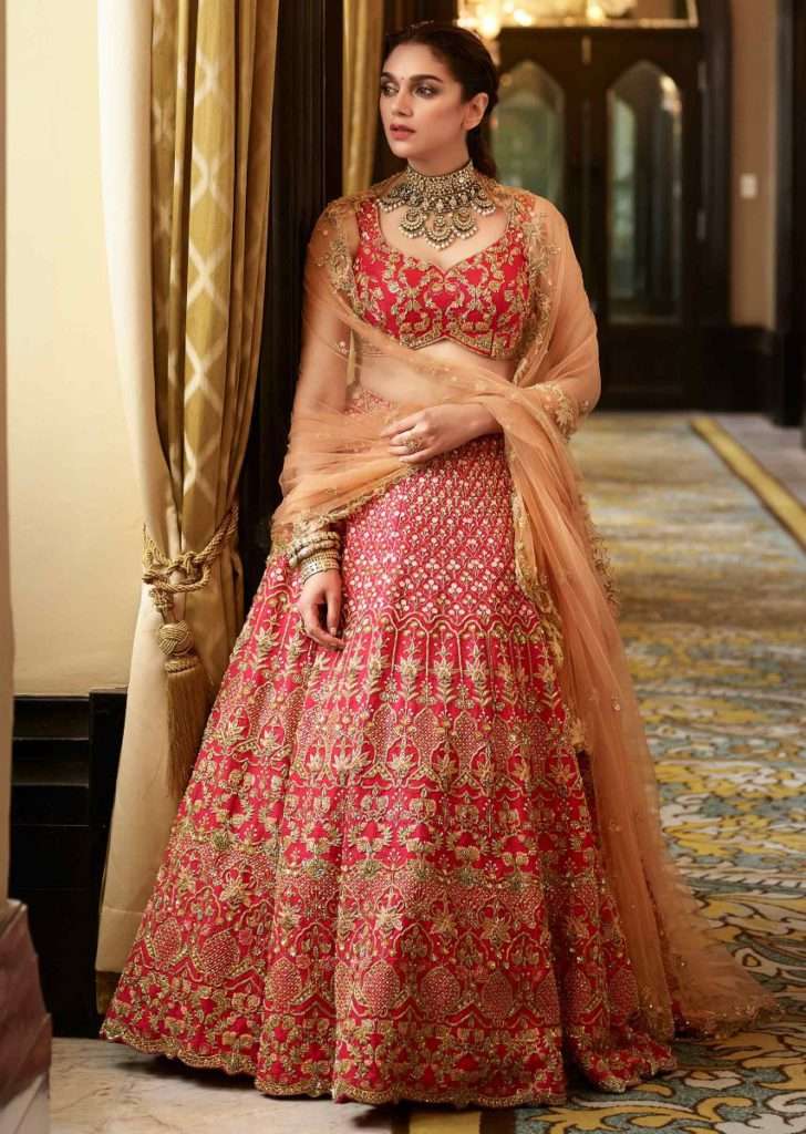 Aditi Rao Hydari In Kalki Scarlet Red Lehenga In Raw Silk With Elaborate Hand Embroidery Work In Floral And Moroccan Pattern