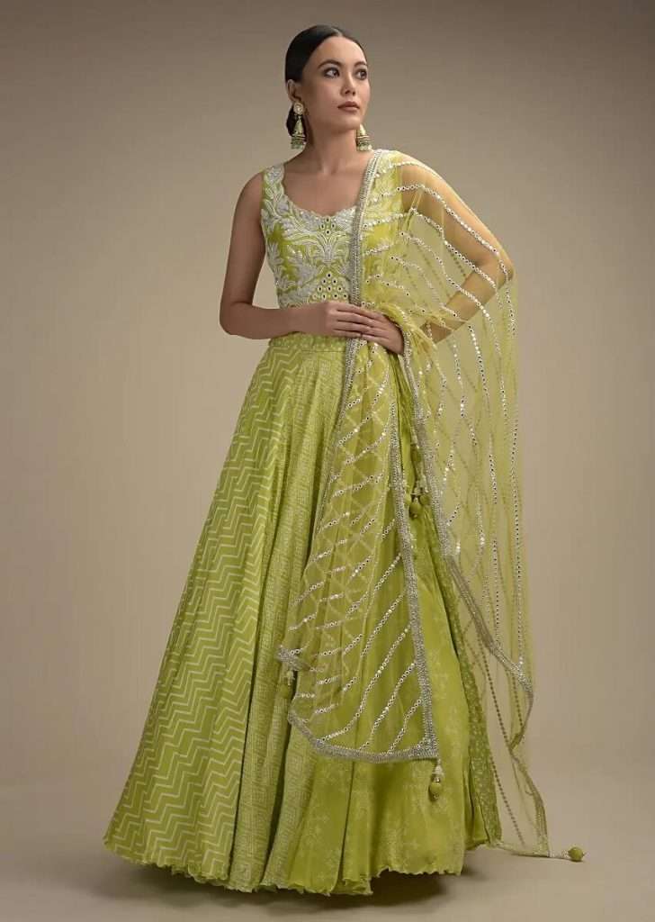 A photographed woman wearing a lime green skirt with mirror and cut grain work with printed kalis and heavy embellished crop top