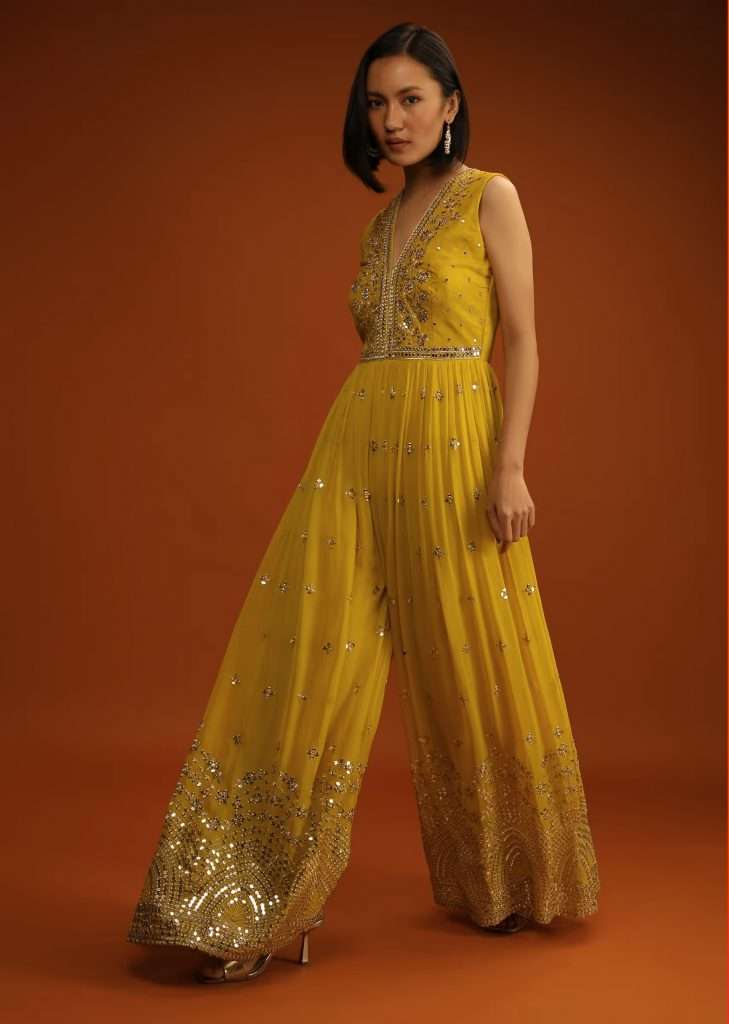 Yellow Jumpsuit In Georgette With Zari And Sequins Embroidered Buttis And Mughal Motifs