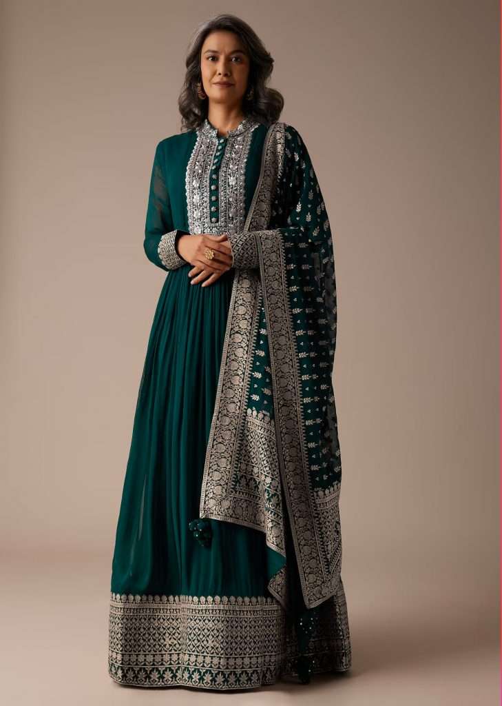 Teal Green Anarkali Suit In Georgette With Zardozi And Zari Embroidery Work