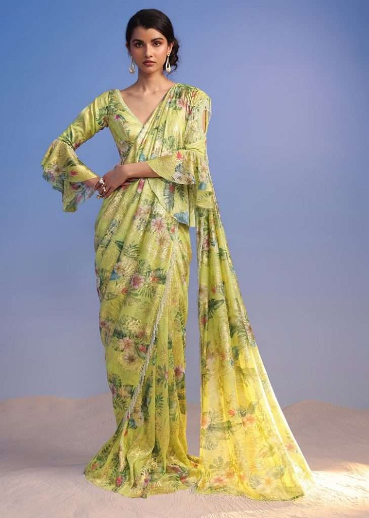 Women poses in Lemon Green Ready-To-Wear Saree In Crush With Floral Print And Stone Tassel Border