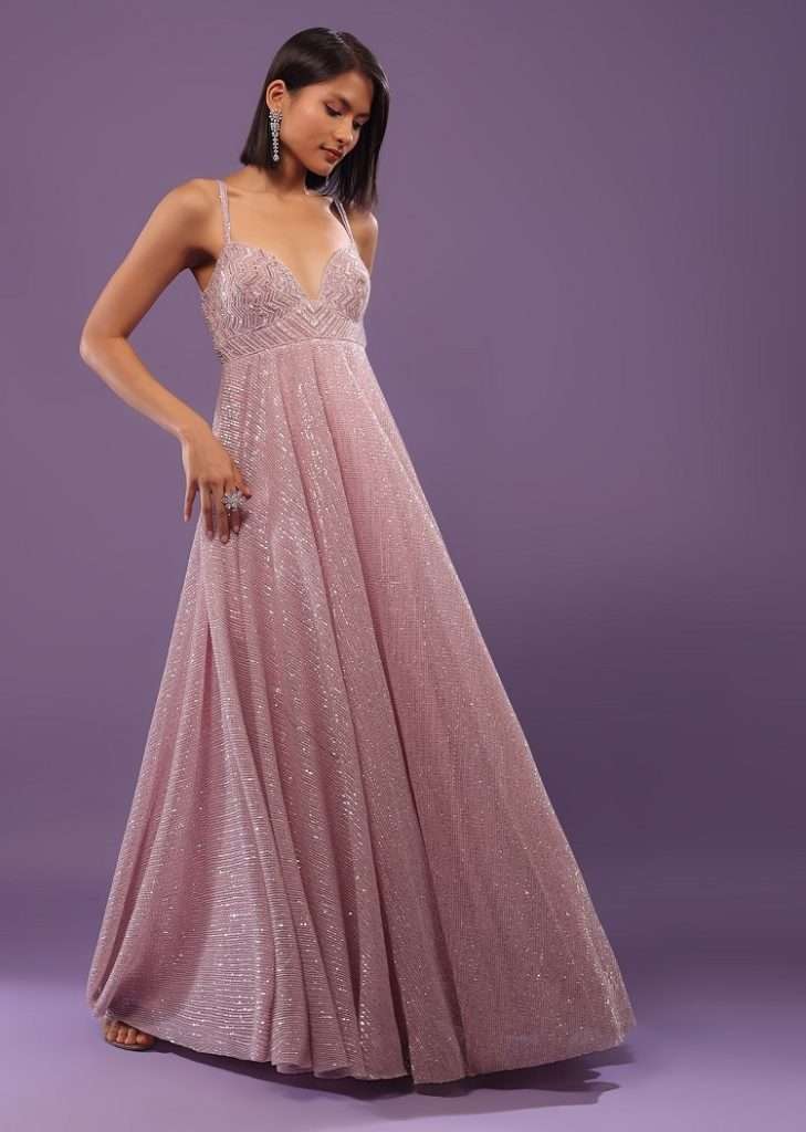Women posing for photo wearing Blush Pink Embroidered Gown In Sequins