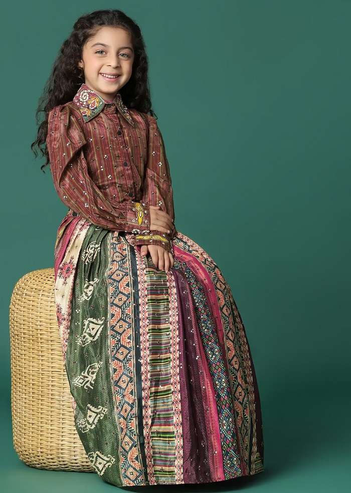 Kalki Multi Colored Embroidered Skirt And Top In Satin Blend For Girl