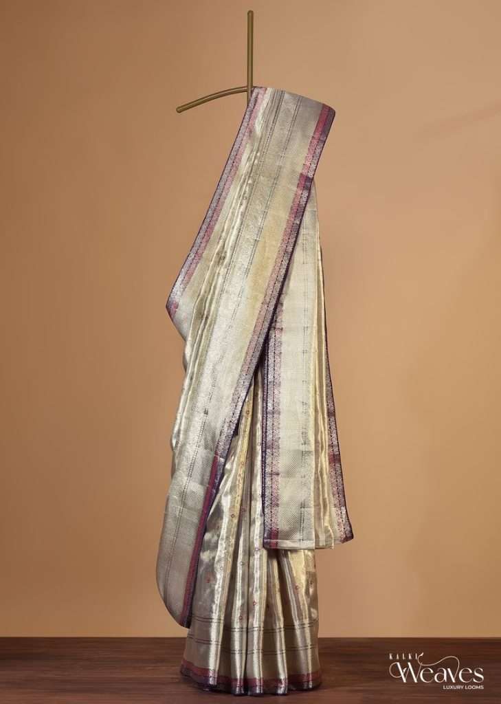 Silver Kanchipuram Tissue Silk Saree In Meena Weave With 14gm Real Zari And Unstitched Blouse