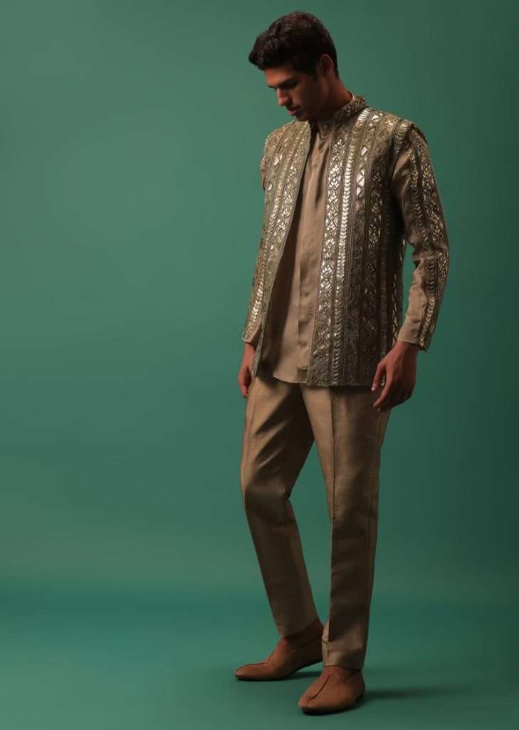 Light Brown Open Bandi Jacket & Kurta Set With Heavy Foil Work