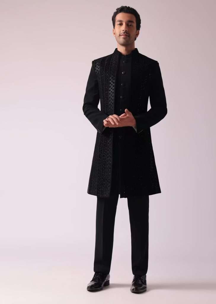 Black Embellished Indo-western In Suiting Fabric