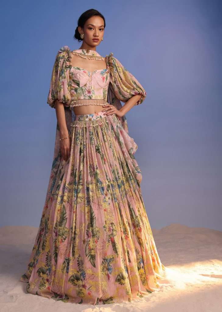 Baby Pink Lehenga Set In Crush With Floral Print And Choker Dupatta