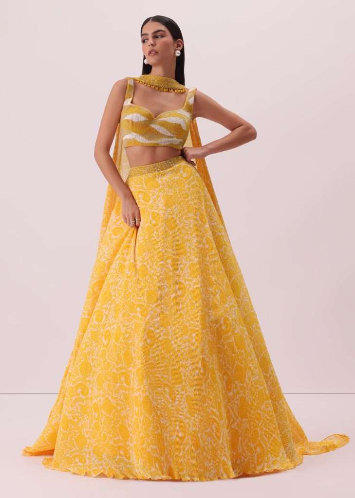 Yellow Printed Georgette Lehenga Set With Hand Embroidered Blouse And Choker