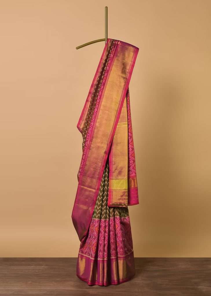 Mehendi Green Cotton Silk Saree With Rajkot Patola Work And Unstitched Blouse Fabric