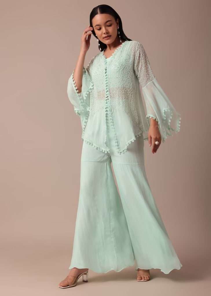 Mint Blue Cotton Sharara Set With Jacket