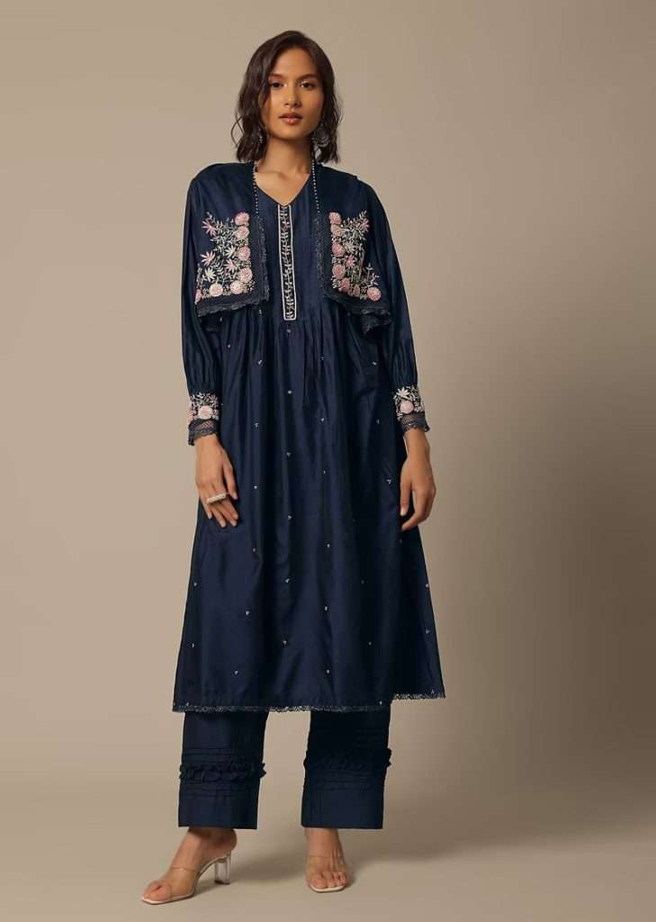 Navy Blue Cotton Pant Set With Pearl Work