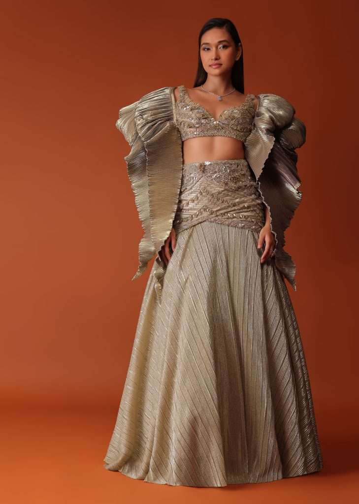 Gold Mermaid Style Bridesmaid Lehenga And Blouse With High Wing Sleeves In Crushed Shimmer