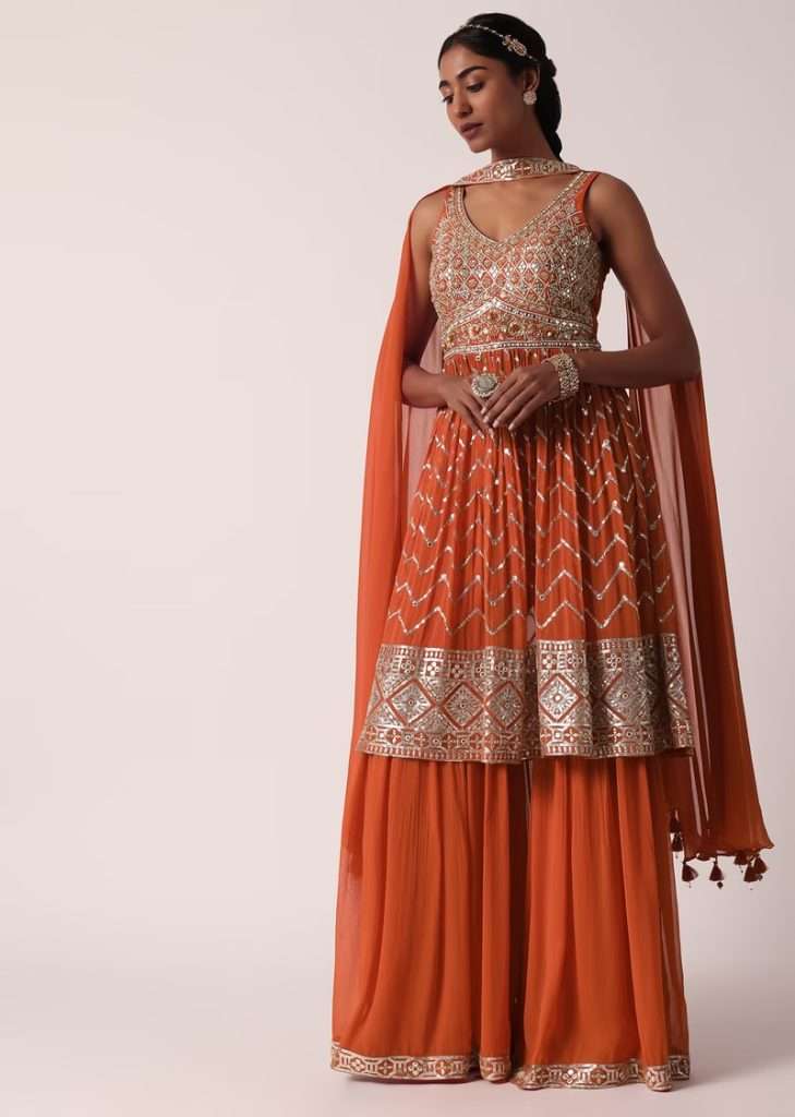 Orange Georgette Sharara Set With Embroidery