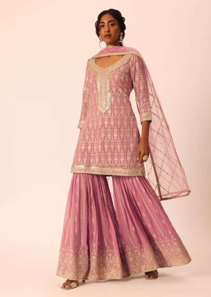 Purple Kurta Sharara Set In Chiffon With Sequin Work