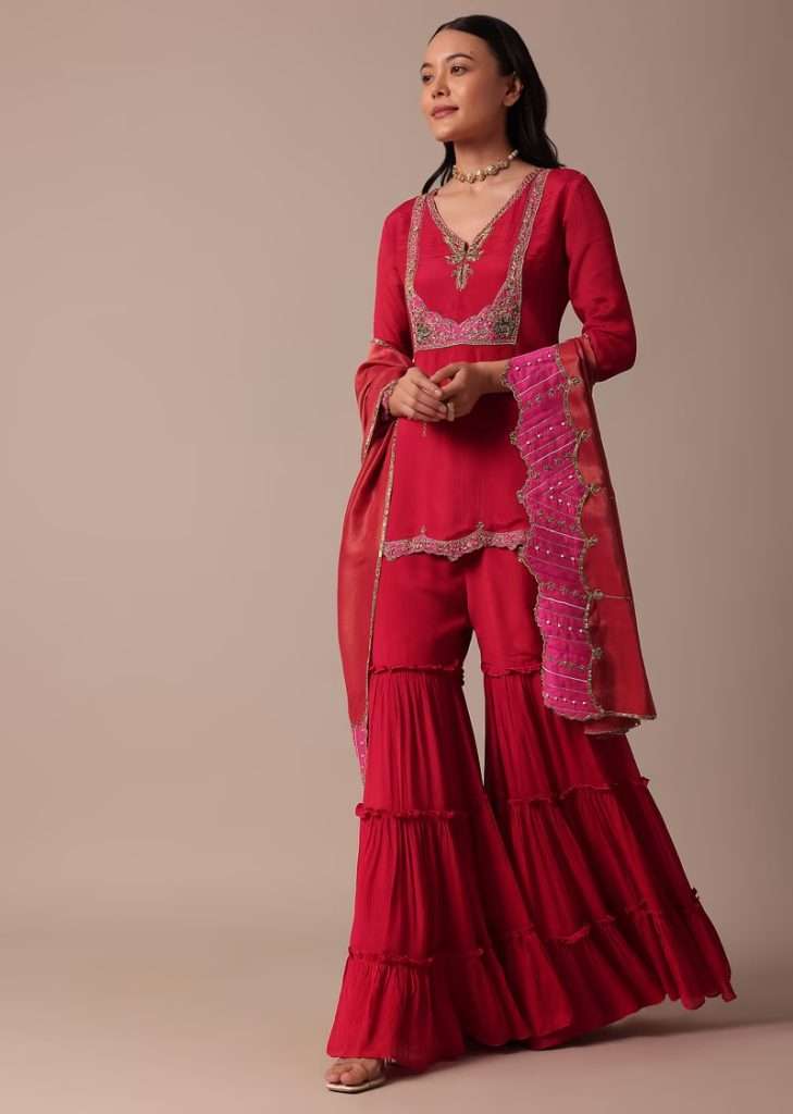 Red Chiffon Sharara Set With Embroidered Kurta