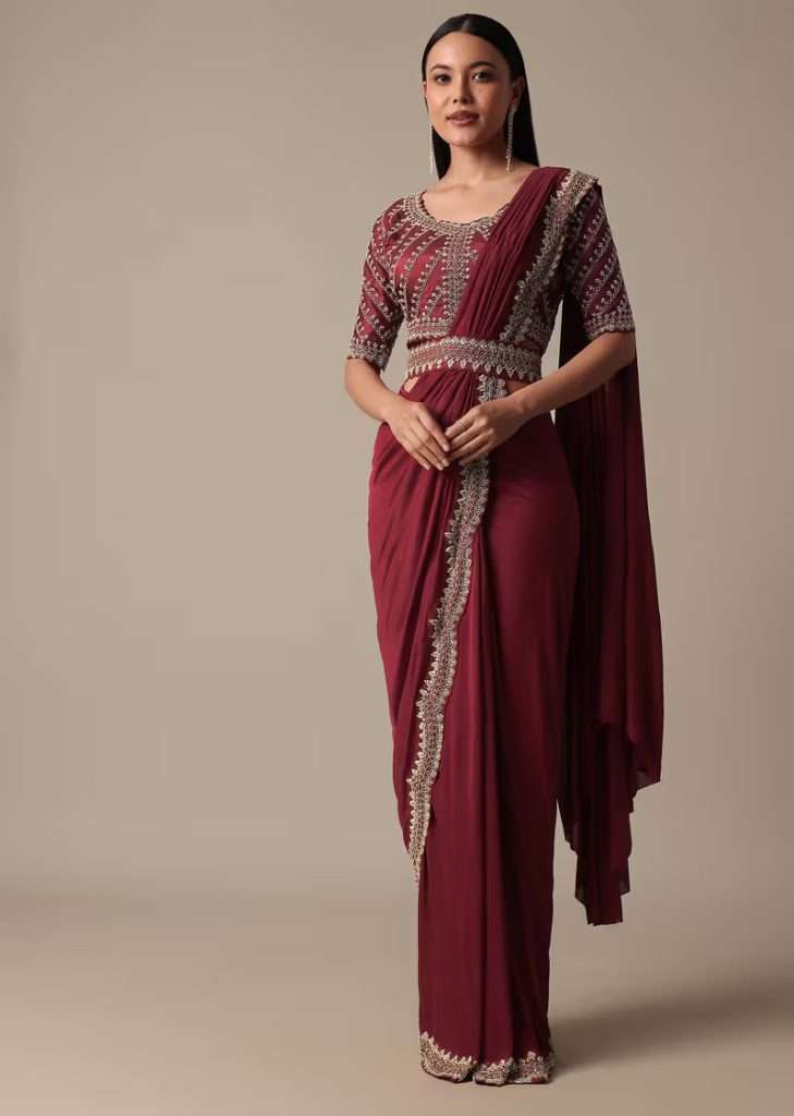 Red Ready Pleated Saree With Embellished Blouse