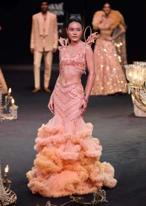 Peach Organza Cutdana Trail Lehenga With Feather Sleeve Blouse