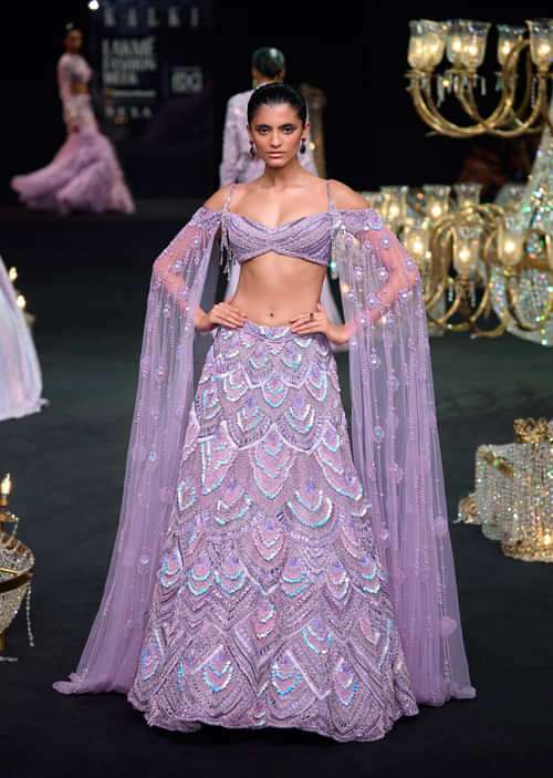 Lavender Pearl Embellished Lehenga With Off Shoulder Draped Cape