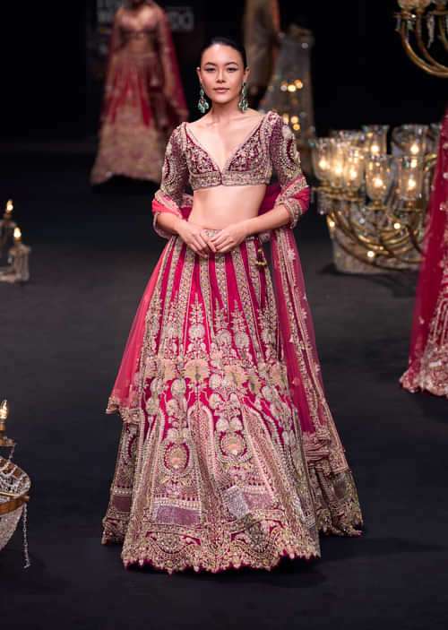 Red Velvet Raw Silk 16 Kali Zardosi Lehenga With Pearl Blouse Set