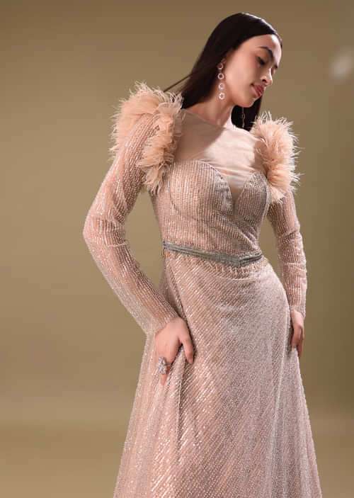 Beige Hand Embroidered Sequins Gown

