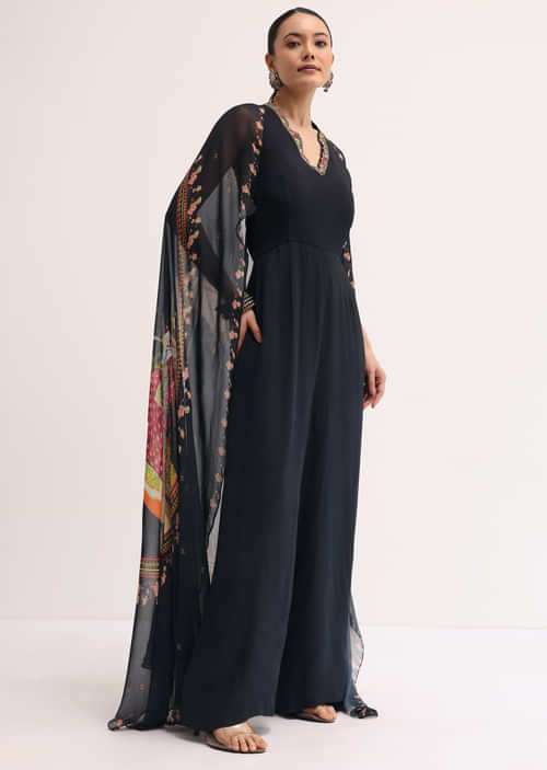 Black Embroidered Georgette Jumpsuit
