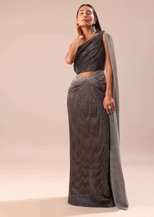 Brown Ombre Fancy Sequins Gown With Cowl