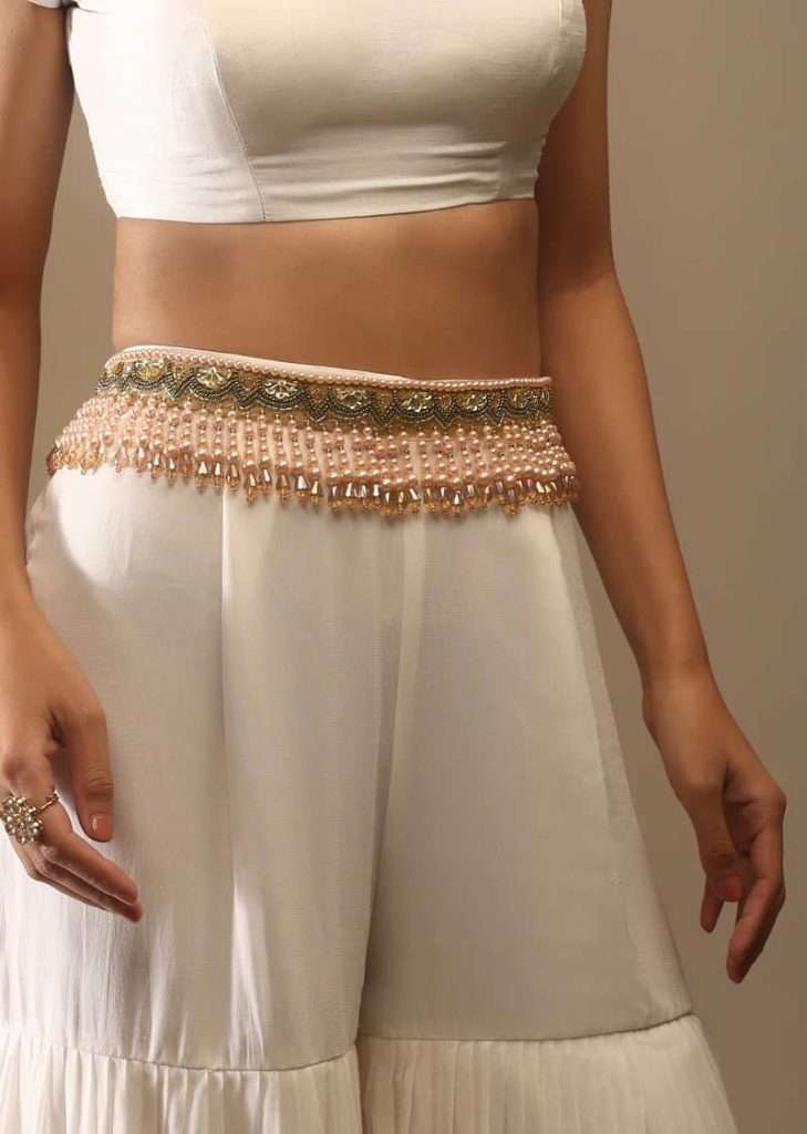 Frosted Almond Velvet Belt With Moti Fringes
