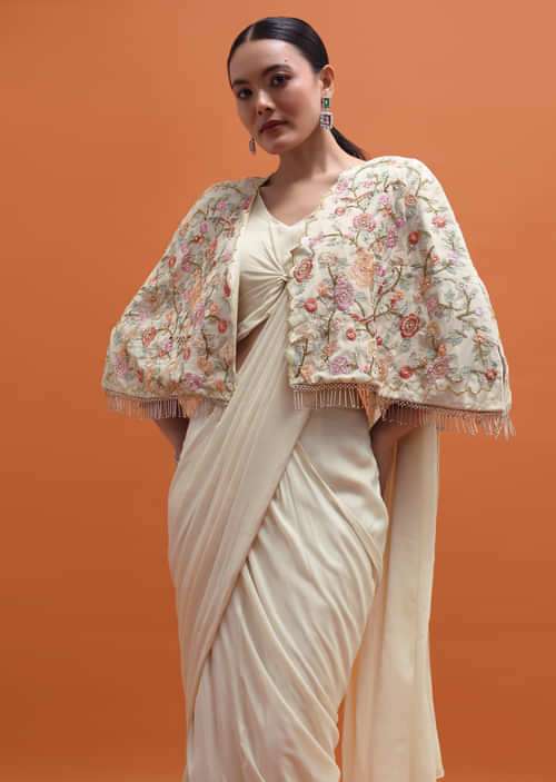 White Chiffon Embroidered Fusion Set With Attached Dupatta And Cape