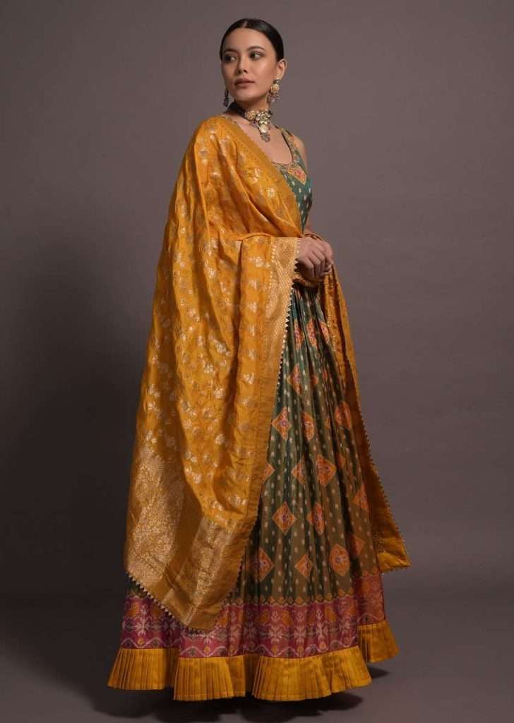 Fern Green Anarkali Suit In Silk With Patola Print And Contrasting Mustard Dupatta
