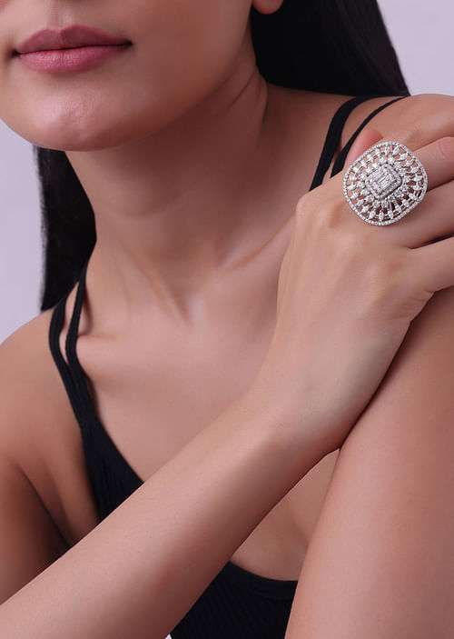 92.5 Sterling Silver Symmetrical Shaped Cubical Ring With Lab Diamonds

