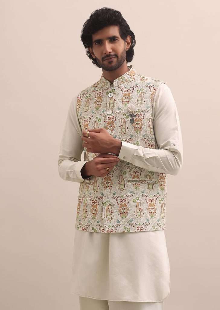 Beige Thread Embroidered Silk Kurta Jacket Set For Men
