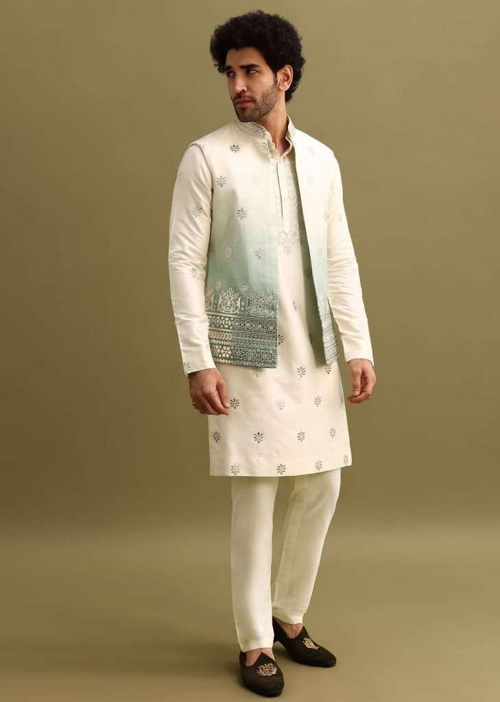 Blue Foil Applique Work Kurta Set With Shaded Jacket
