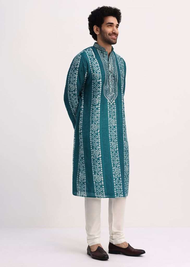 Blue Mirror Work With Bandhani Print On Kurta For Men
