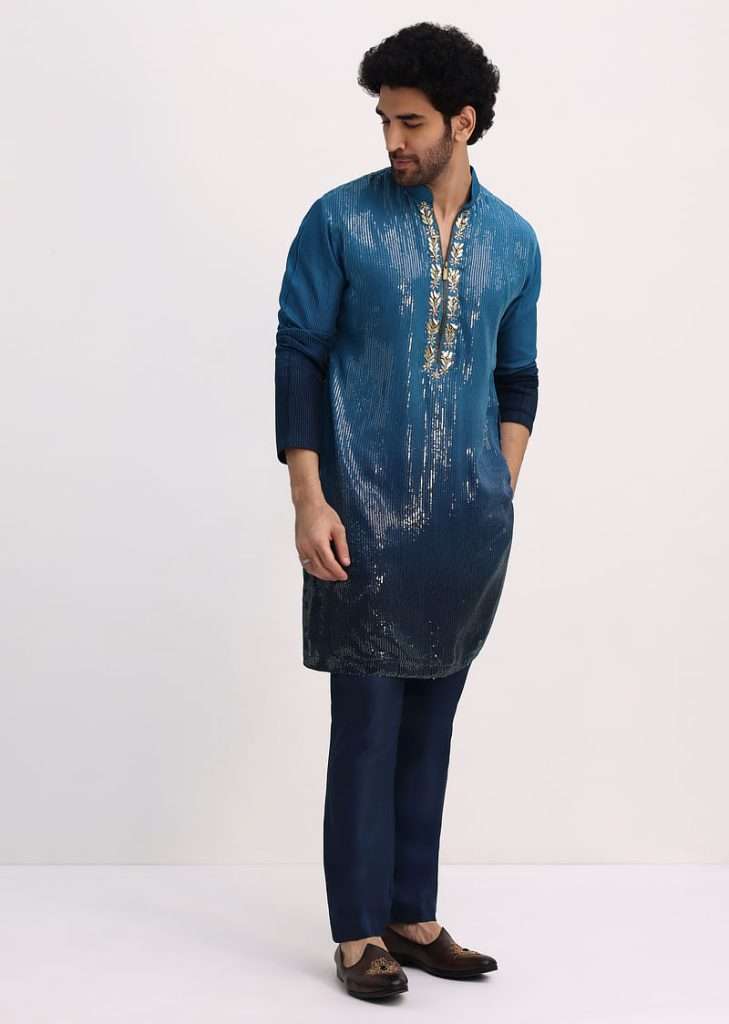 Blue Shaded Sequin Zipper Kurta With Navy Blue Pants
