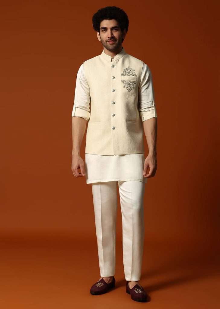 Cream Silk Kurta Jacket Set For men
