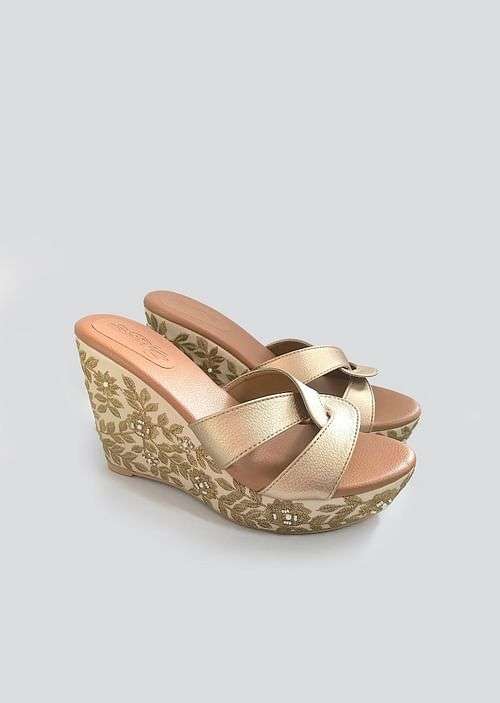 Cream Wedge Heels With Golden Zari And Beads Embroidered Floral Jaal By Sole House
