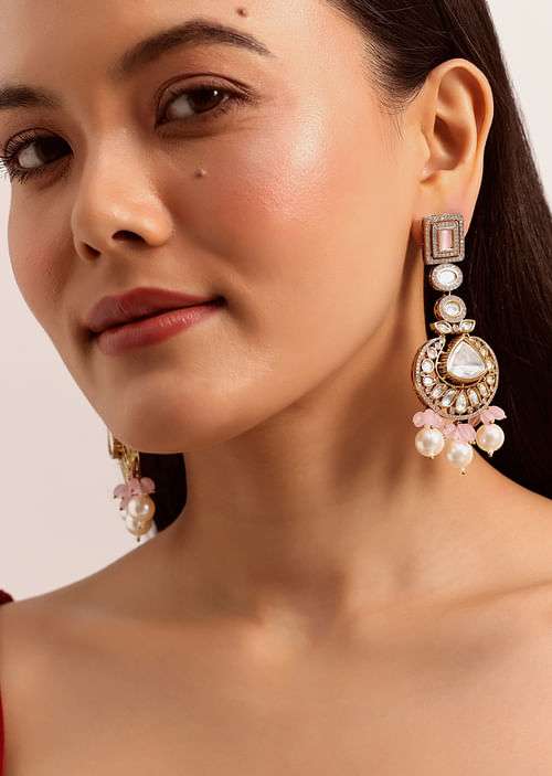 Gold And Pink Kundan Dangler Earrings
