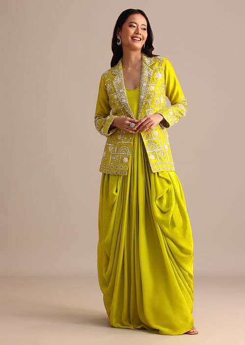 Green Crepe Pleated Gown With Embroidered Jacket
