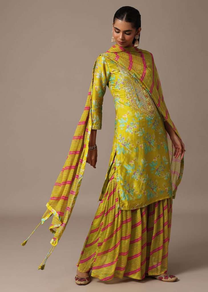 Green Printed Kurta Sharara Set In Gotta Work
