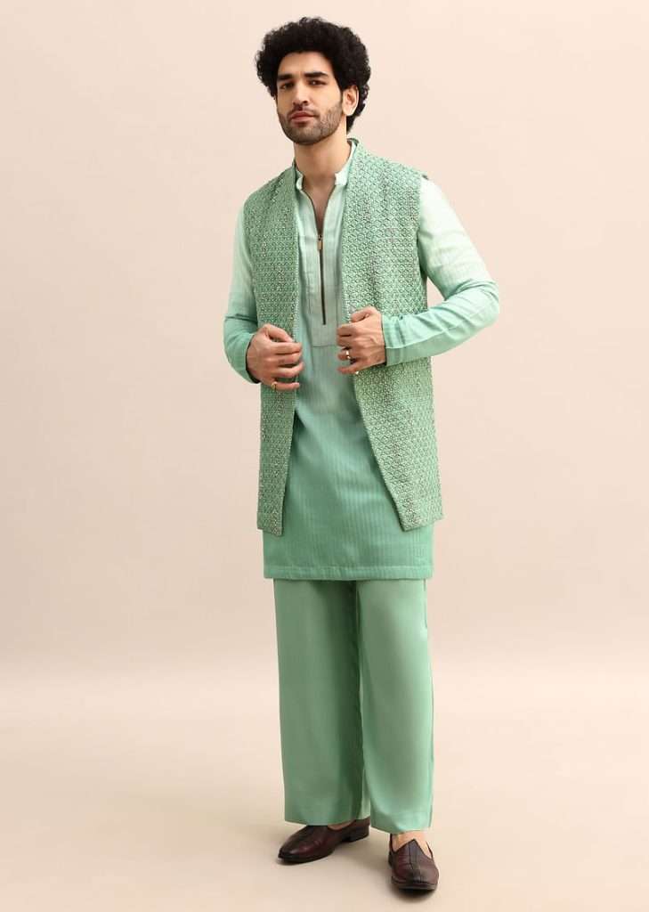 Light Green Hand Embroidered Silk Kurta Jacket Set