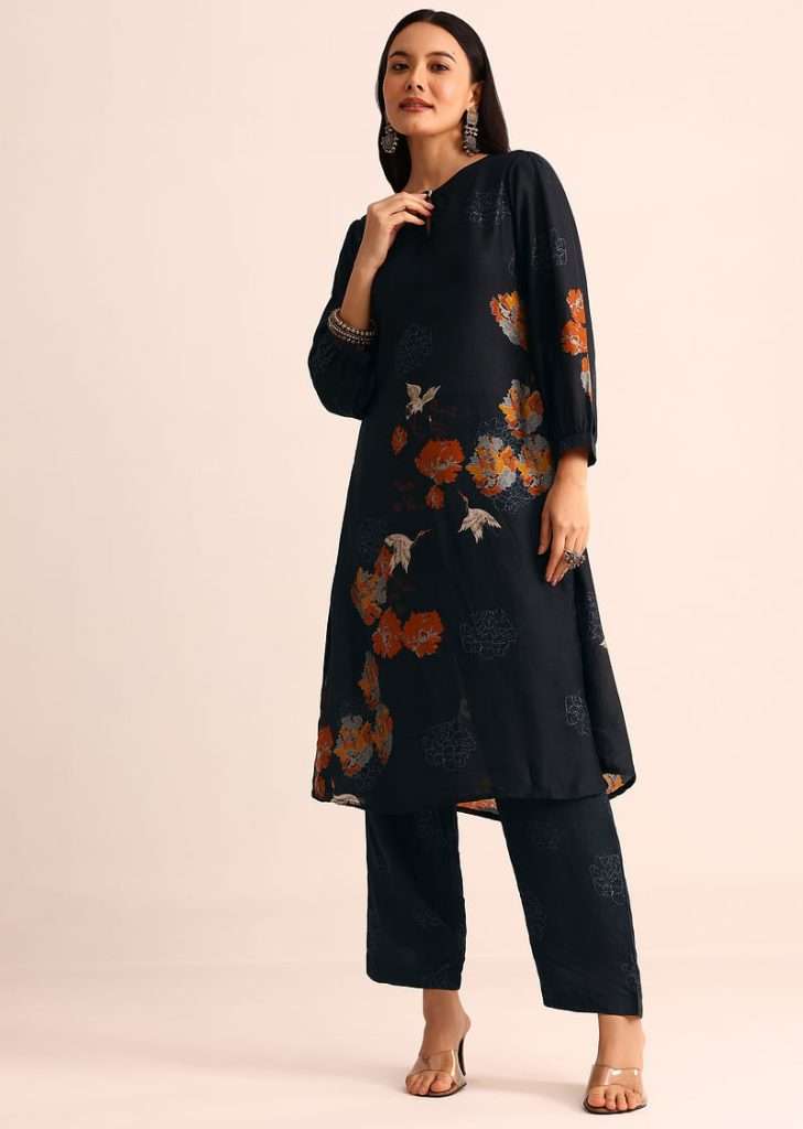 Midnight Blue Abstract Printed Chanderi Kurti And Pant

