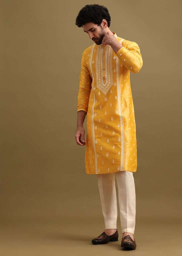 Mustard Yellow Silk Kurta Set In Resham Work For Men
