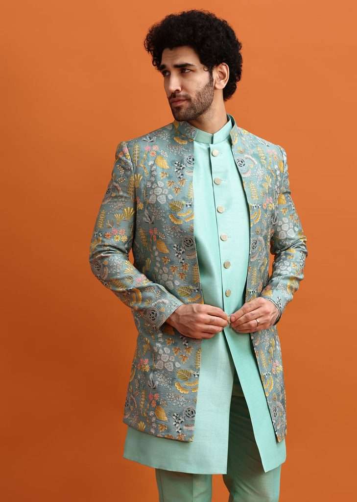 Olive Green Silk Indowestern With Resham Work For Men
