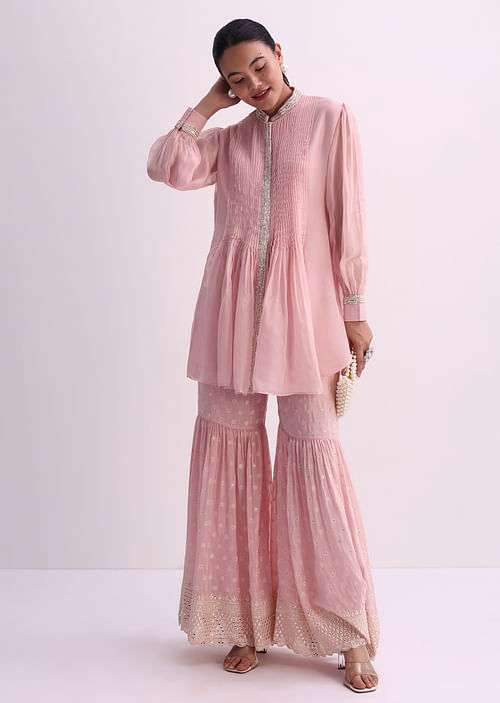 Pastel Pink Sequins And Moti Embroidered Sharara Set
