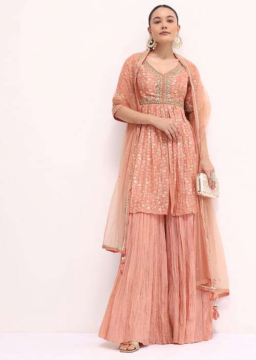 Peach Embroidered Kurta Sharara Set
